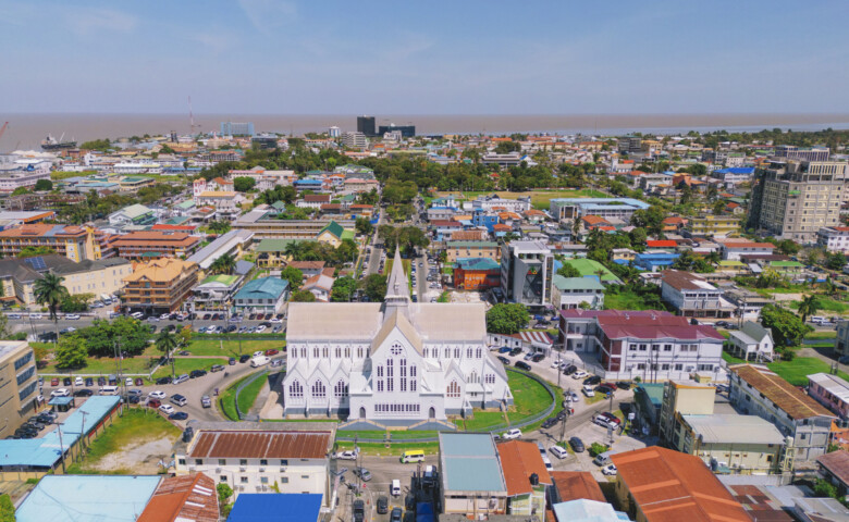Aerial of downtown Georgetown with St. George's Cathedral Guyana