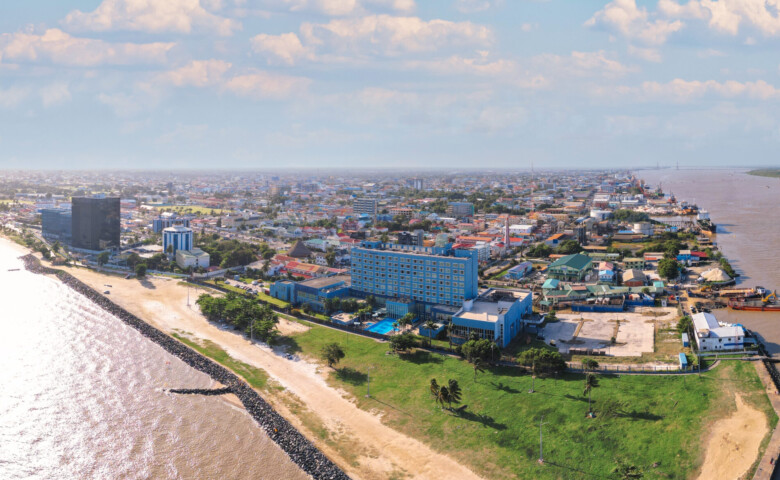 Aerial of downtown Georgetown with Demerara river in Guyana